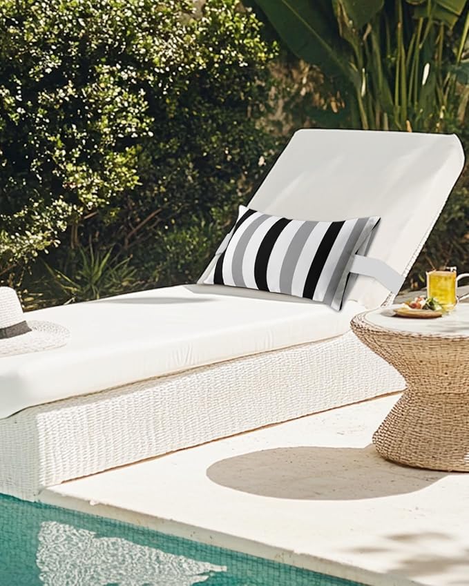 Outdoor Pillows Waterproof Covers Set of 2, Black Gray Stripes Adjustable Elastic Chaise Lounge Headrest Pillow Covers, Contrast Striped Decorative Lumbar Pillow for Pool Patio Furniture 20x12 Inch