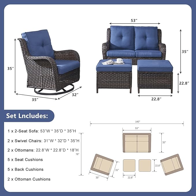 Rilyson Wicker Patio Furniture Set - 5 Piece Rattan Outdoor Sectional Conversation Sets with 2 Rocking Swivel Chairs,2 Ottomans and 1 Loveseat for Porch Deck Garden(Brown/Blue)