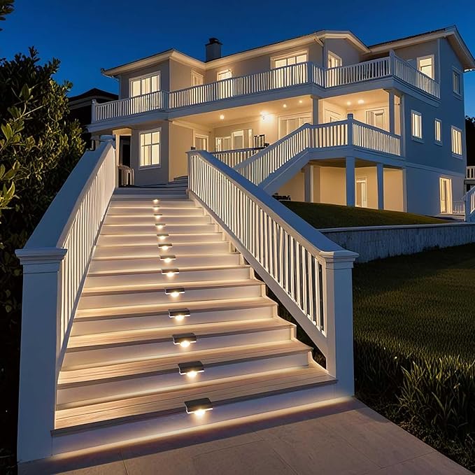 AGOTD Solar Stair Lights Outdoor Waterproof, 8 Pack Solar Step Lights for Outside Warm White Deck Lighting for Step, Stair, Porch, Railing, Patio, Yard, Front Door, Sidewalk, Poolside, Balcony