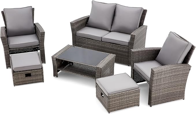 GYUTEI 6 Pieces Patio Furniture Set, Outdoor Sectional Conversation Rattan Sofa Set with Ottoman and Outdoor Storage Table for Garden, Porch, Backyard (Dark Gray)