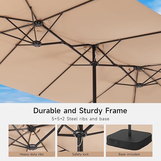 ONBRILL 2026 Upgraded 15ft Outdoor Patio Umbrella with Base Included, Extra Large Pool Umbrellas with Crank, Double Sided Rectangle Table Umbrella for Deck, Market, Garden
