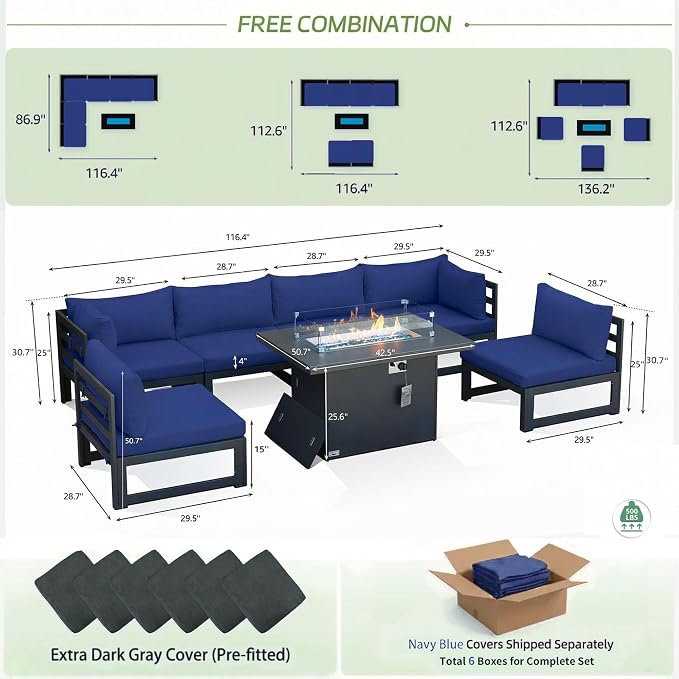 RADIATA 6 Seat L-Shaped Oversized Modern Aluminum Patio Furniture Set, All Weather Modular Sectional Sofa with Fire Pit Table, 500 lbs Heavy Duty Comfortable Outdoor Couch for Backyard Deck, Navy Blue