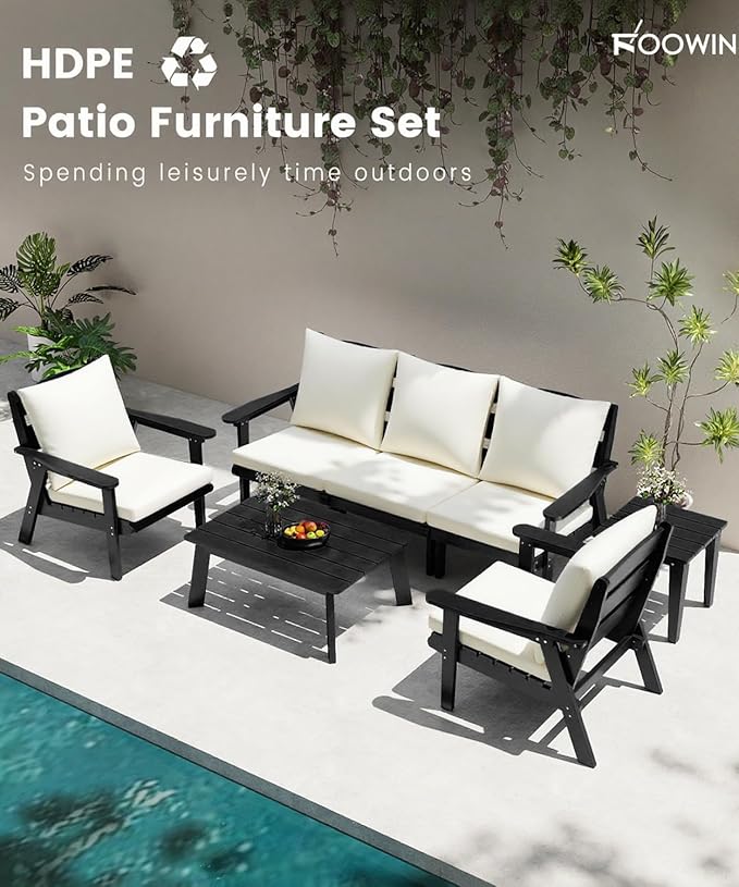 FOOWIN 7-Piece Patio Furniture Set, HDPE All-Weather Outdoor Conversation Set with Thick Cushions, Sectional Patio Sofa Furniture for Deck, Porch, Lawn, Garden, Black Frame & White Cushion