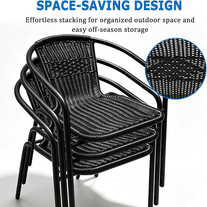 4 Pack Black Stackable Outdoor Rattan Chairs, All-Weather Patio Seating for Balcony Porch Lawn, Small Patio Furniture Set for Front Porch Decor & Outdoor Spaces