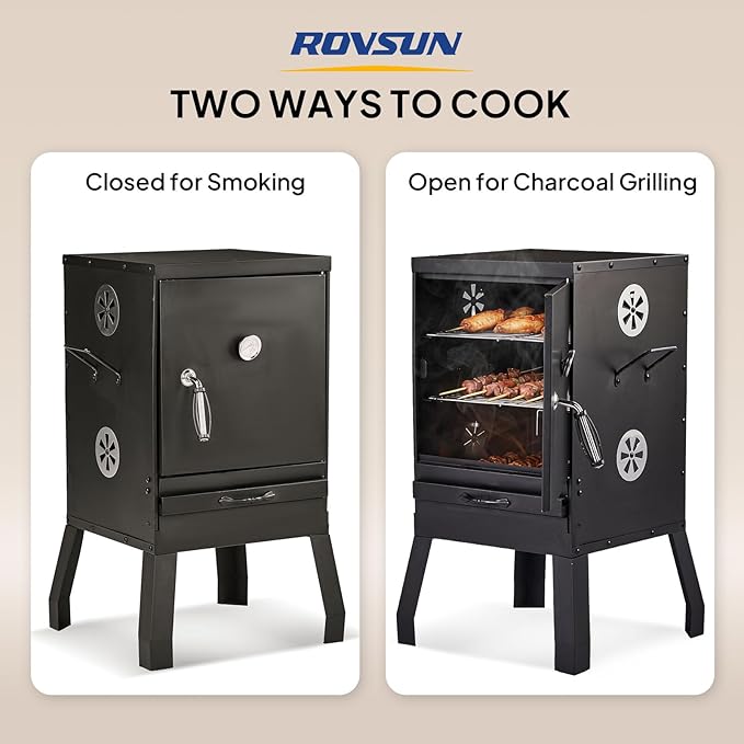 ROVSUN 2-in-1 Outdoor Smoker with Door, Vertical Portable Charcoal Grill with Two Detachable Grill Smoking Racks and Charcoal Pan, Perfect for Camping Barbecue, Small Families, Black