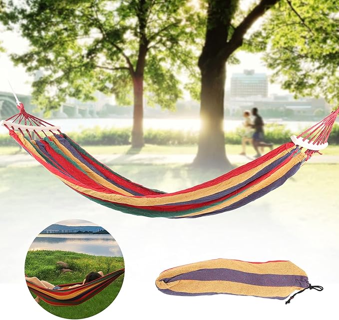 Camping Hammock Lightweight Portable Canvas, 86.6x31.5 Inch, Blue with Color Stripe - Hardwood Spreader Bar, Easy Setup, Ideal for Outdoor Travel and Hiking (Red)