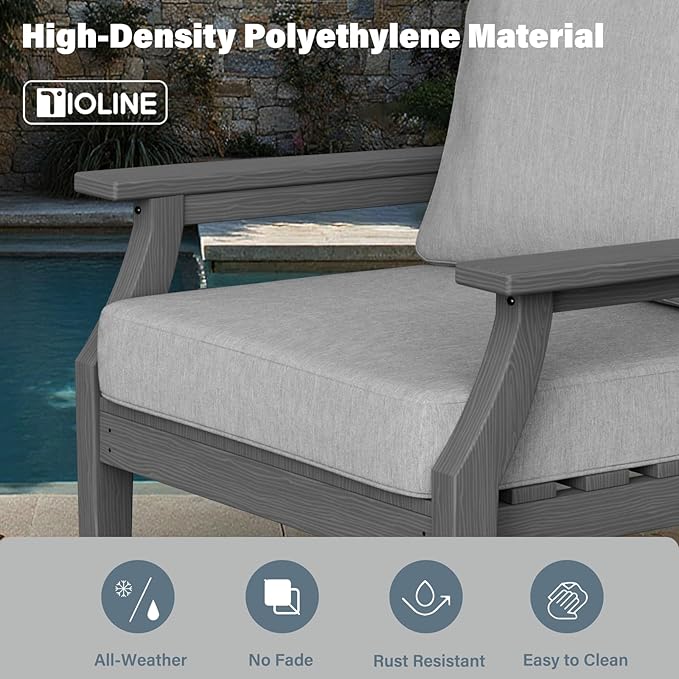HDPE Patio Conversation Set, 6-Piece All Weather Outdoor Furniture Set with 1 Single Rocking Armchairs for Deck, Lawn, with Cushion, Gray