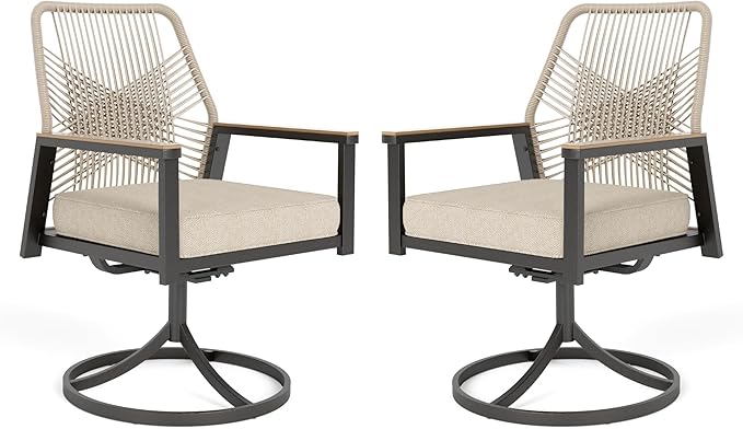 MIXPATIO Patio Wicker Swivel Chair Sets of 2, Outdoor Dining Chairs with 3.1 inch Seat Cushions, Sturdy Metal Frame & Wood Grain Armrest, Beige
