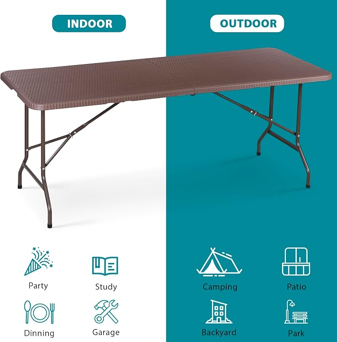 ZENY 6ft Portable Folding Table Plastic Indoor Outdoor Picnic Party Camp Dining Table with Handle (Brown, 71" x 27")