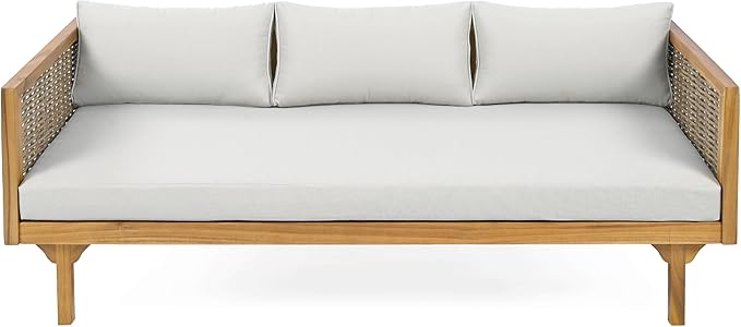 Christopher Knight Home Claremont Patio Sofa and Coffee Table Set, 2 Piece Wicker Patio Furniture Set, Acacia Wood 3 Seater Outdoor Sofa Daybed and Coffee Table Set, Teak+Light Grey