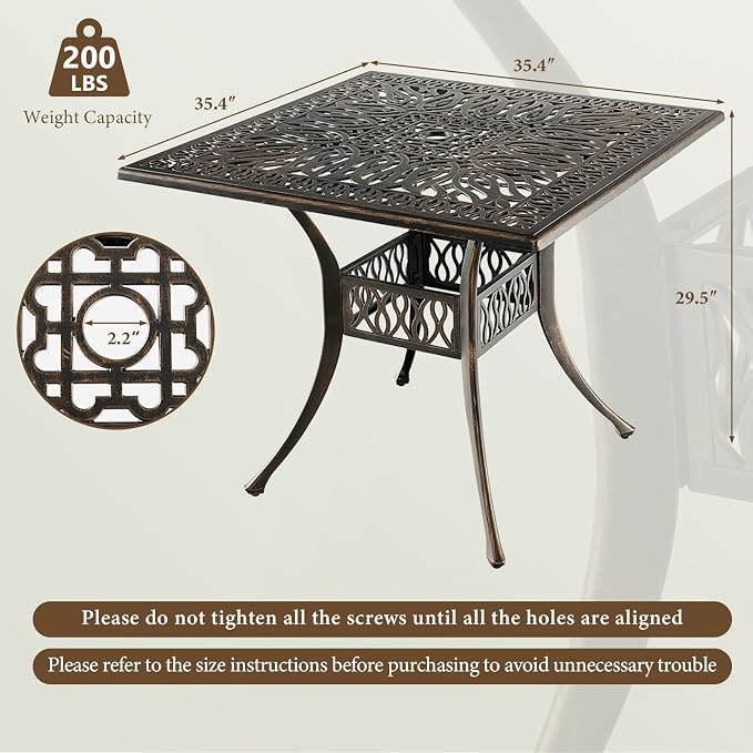 Tangkula 35.4 Inches Outdoor Dining Table, All-Weather Cast Aluminum Table with Umbrella Hole, 4 Person Square Dining Table for Garden, Backyard and Poolside