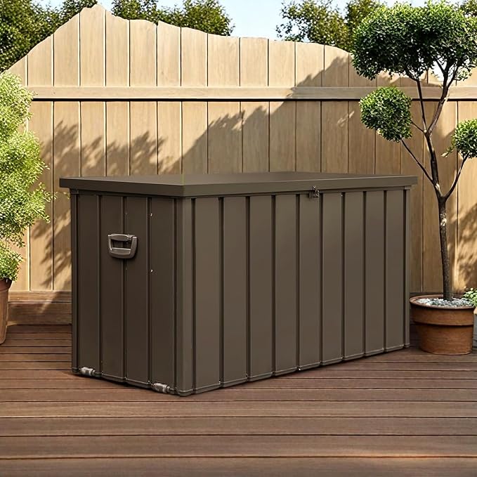 ChicFurnit Outdoor Storage Box, 120 Gallon Deck Box with Lockable Metal Lid & Portable Side Handles, Outdoor Storage Bin with Stable Support Rod, Soft Close Mechanism & Mobility Rollers, Dark Brown