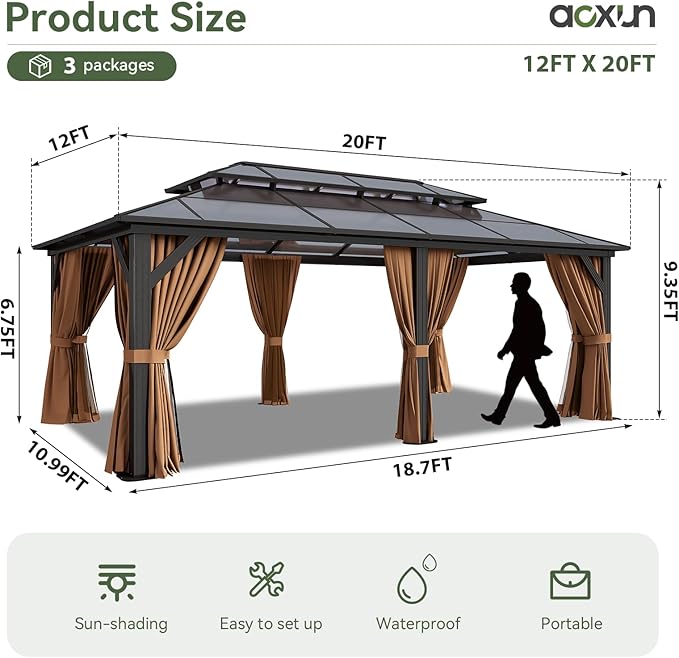 Aoxun 12'x20' Hardtop Gazebo, Outdoor Metal Gazebo with Double Polycarbonate Roof Canopy, Permanent Pavilion with Netting and Curtains for Lawn, Garden, Patio (Khaki)