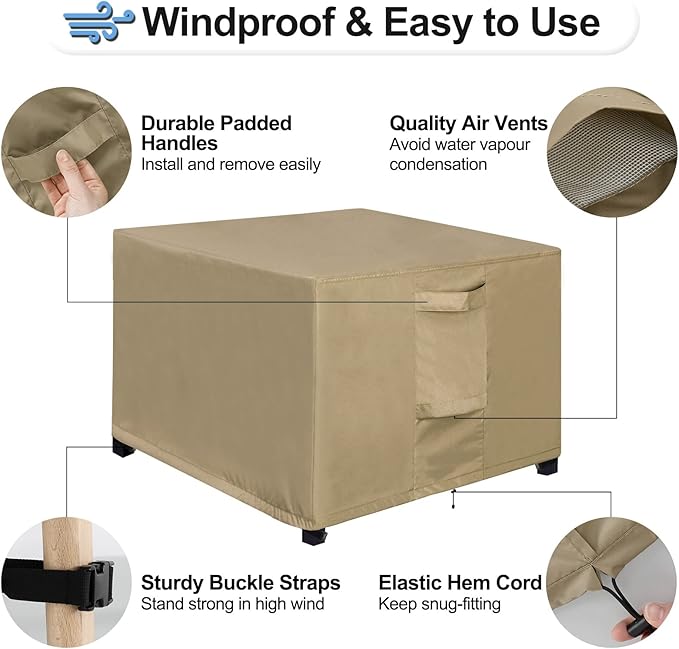 OutdoorLines Outdoor Waterproof Patio Ottoman Covers - Square UV-Proof Patio Side Table Cover Windproof Heavy-Duty Furniture Covering Protector 28L x 28W x 17H Inch, Camel