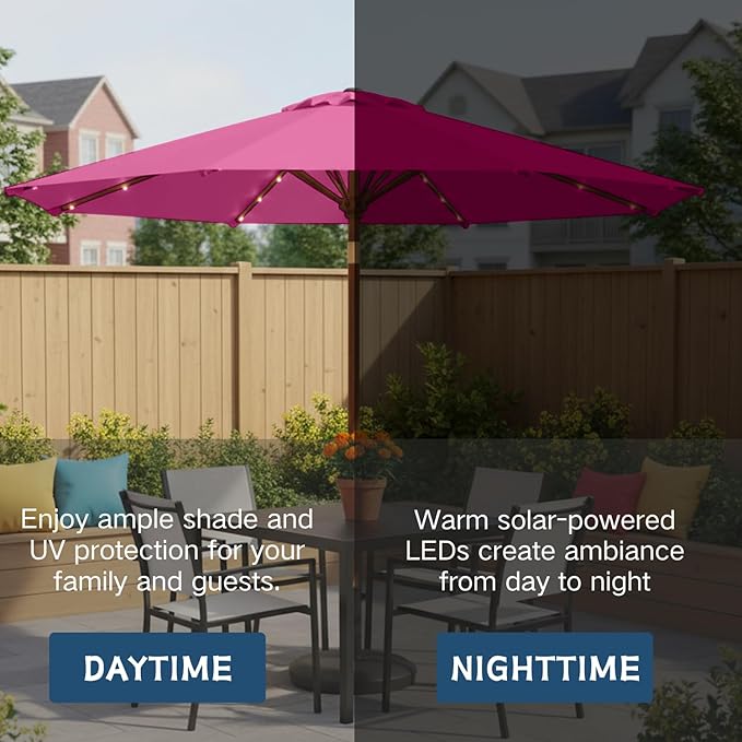 9' Solar LED Patio Umbrella with Tilt & Crank|8 Sturdy Ribs,UV Protection,Outdoor Market Table Umbrella for Deck,Lawn,Pool,Backyard(Rose Pink)