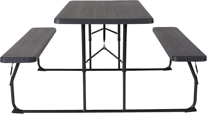 Flash Furniture Insta-Fold Picnic Table - Charcoal Wood Grain Folding Picnic Table Bench Set for Adults - 4.5 Foot Folding Table