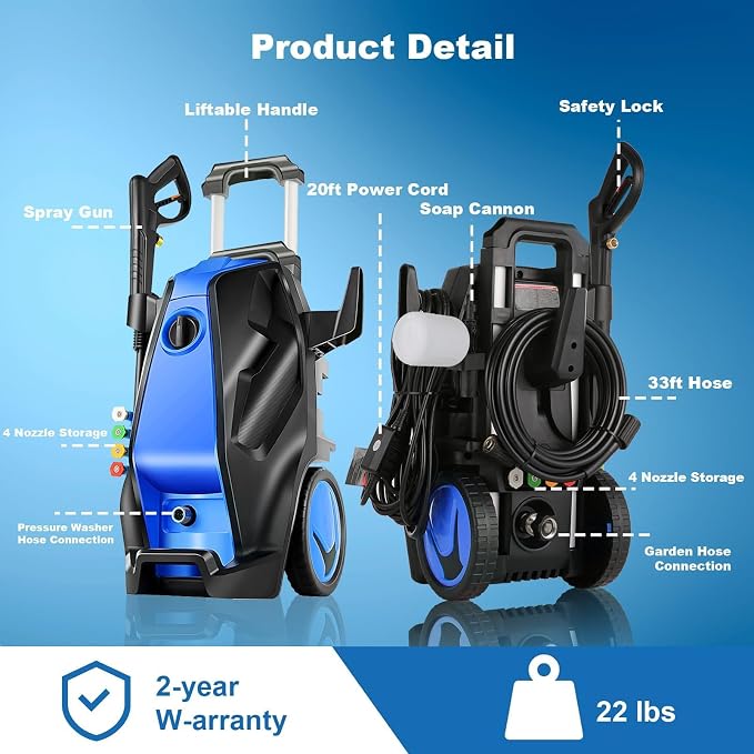 5000 PSI Pressure Washer, 4.0GPM Electric Power Washer,2000W High Pressure Washer, Professional Washer Cleaner, with Soap Bottle and 33FT Hose, Best for Cleaning Cars,Driveways,Patios (Blue)