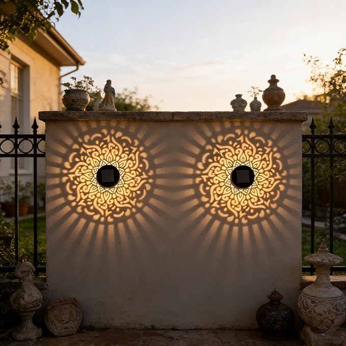 Solar Outdoor Fence Lights Decoration 2 Pack, Solar Wall Step Deck Lights Outdoor Garden Decor with Mandala Theme for Yard Art Porch Patio Backyard