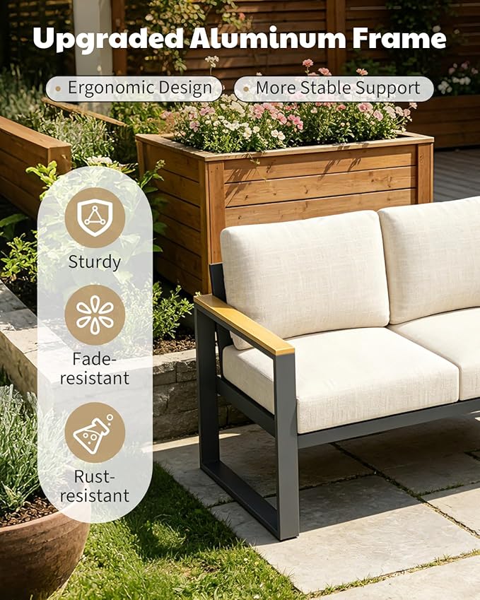 Aluminum Patio Loveseat and Coffee Table Set - Modern All-Weather Outdoor Furniture - Washable Thick Cushions - Rust Resistant, Easy Assembly - Ideal for Balcony, Garden, Deck, Backyard - Beige