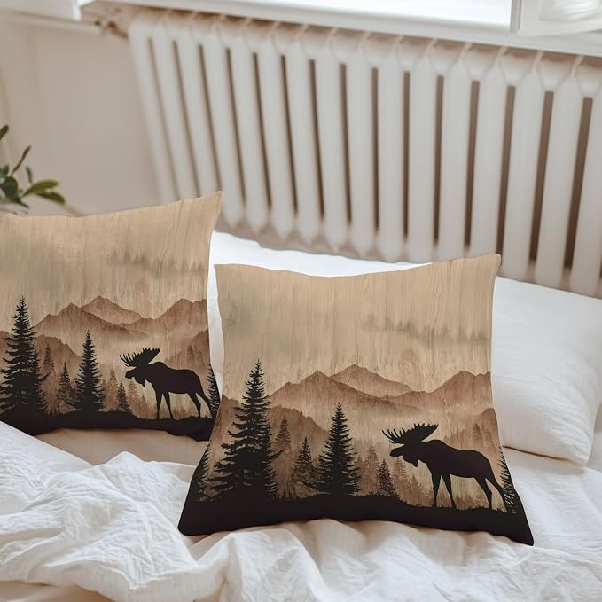 Moose Silhouette Outdoor Pillow Covers 20"x20" Set of 2, Nature Mountain Landscape Waterproof Throw Pillow Covers for Patio Furniture, Decorative Cushion Covers for Porch