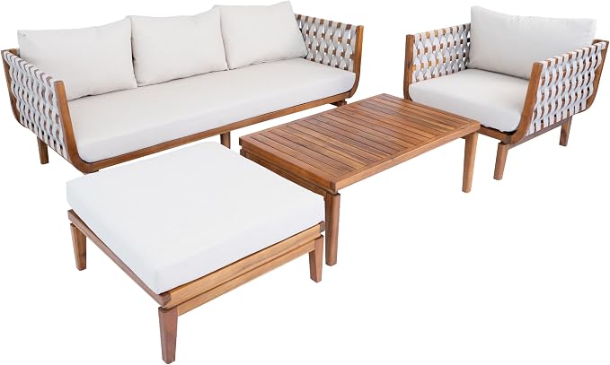 Merax 4 Piece Rope Woven Paito Conversation Set,Outdoor All-Weather Acacia Wood 3-Seater Sofa,Lounge Chair with Ottoman and Cushions,1 Coffee Table for Porch, Lawn, Backyard, Balcon, Teak+ Beige