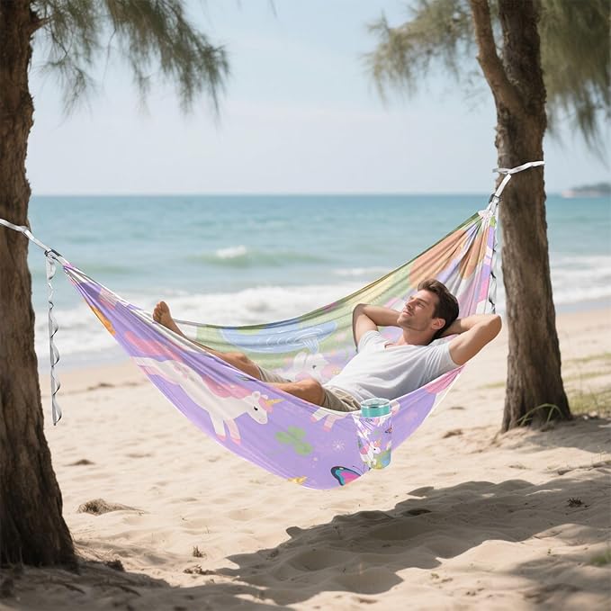 Cute Cartoon Pink Unicorns 330lb Capacity Outdoor Hammock with Hanging Rope Backyard Hammock for Indoor Outdoor Patio hamaca para acampar