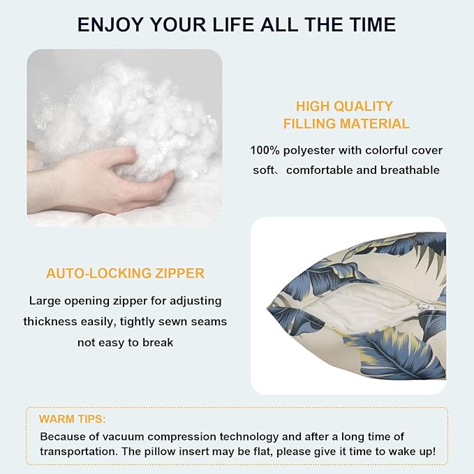 DYTXIII Pack of 2 Waterproof Outdoor Pillow with Inserts, 18x18 Square Patio Decorative Throw Pillow for Home,Sofa,Bench and Patio Furniture,Lush Palm Blue
