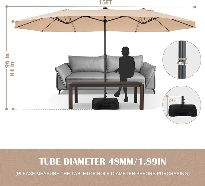 Sundale Outdoor Solar 144 LED 15 ft Patio Umbrella with Sandbag Base Included and Cover, Outdoor Double-Sided Umbrella with Lights