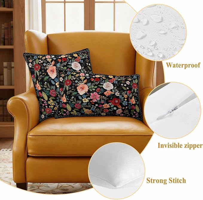 Watercolor Flowers Waterproof Outdoor Pillow Covers 20''x12'' Set of 2, Farmhouse Floral Patio Furniture Black Cushion Covers for Chairs, Decorative Vintage Wildflowers Pillow Cases for Garden/Pool