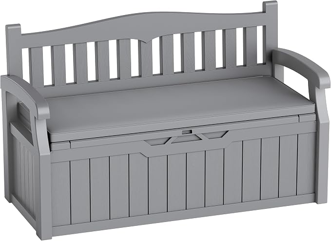 80-Gallon Outdoor Storage Bench with Cushion, Lockable Waterproof Deck Box with Armrests for Patio, Garden, Pool, Gray