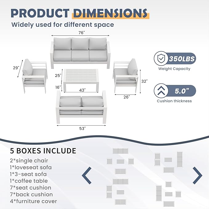 Amopatio Aluminum Patio Furniture Set, 8 Pieces Modern Patio Conversation Sets, Outdoor Sectional Metal Sofa with Coffee Table for Balcony, Garden, White (Included Waterproof Covers)