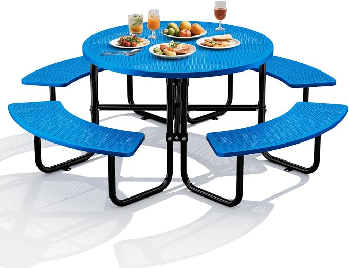 83" Round Heavy Duty Picnic Table for Outdoors Commercial Camping Table with Umbrella Hole up to 1.78" Blue Coated Steel Frame Waterproof Rust Resistant 3200 lbs Load Capacity