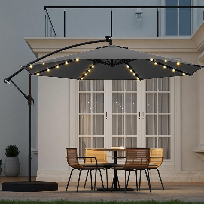 10FT 40-LED Solar Lighted Patio Umbrella with Base Included, Outdoor Offset Cantilever Umbrella, Infinite Tilt, UV Protection for Backyard, Lawn, Garden & Pool
