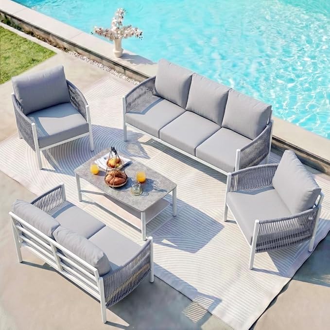 Aluminum Patio Furniture Set, 7 Seats Modern Outdoor Sectional Furniture with PE Rope & Dual-Layer Coffee Table, Luxury Patio Conversation Sets with 6" Cushions for Backyard/Garden, White