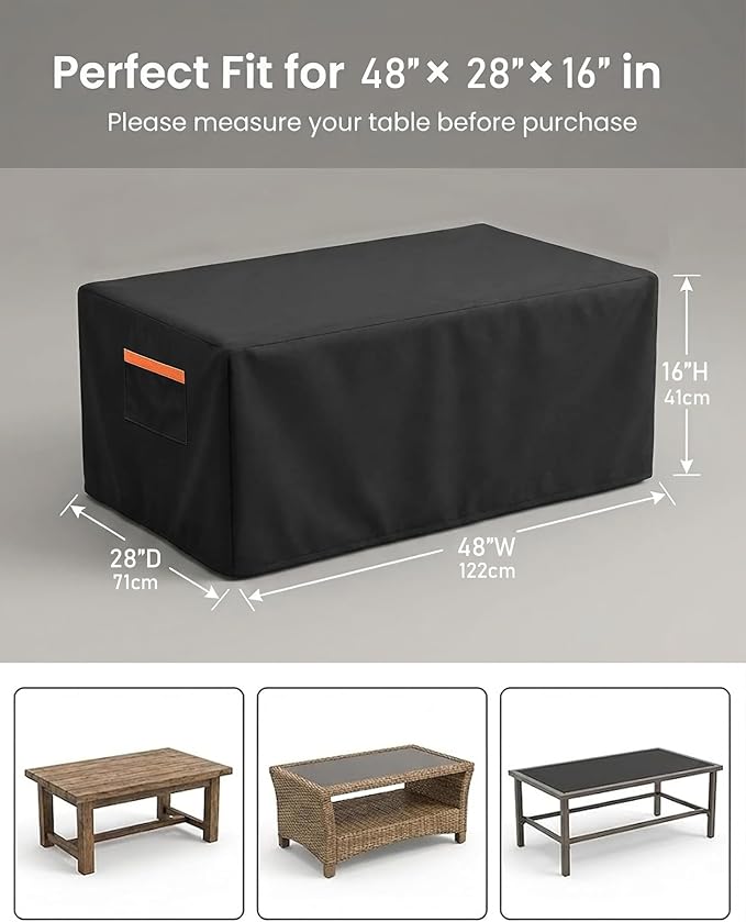 Patio Coffee Table Cover, Waterproof Outdoor Furniture Cover Heavy Duty 600D with Windproof Buckles, UV & Fade Resistant All-Weather Protection for Rectangular Patio Tables 48 x 28 x 16 Inch, Black