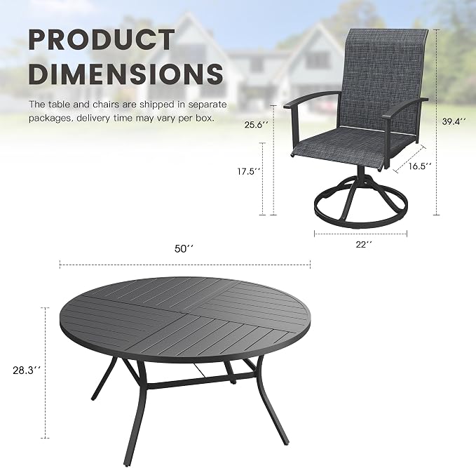 7 Pieces Round Outdoor Table and Chairs Set, Patio Dining Set with 50" Round Spliced Outdoor Table and Patio Swivel Chairs for Backyard Lawn Garden, Black Table and Black Chairs