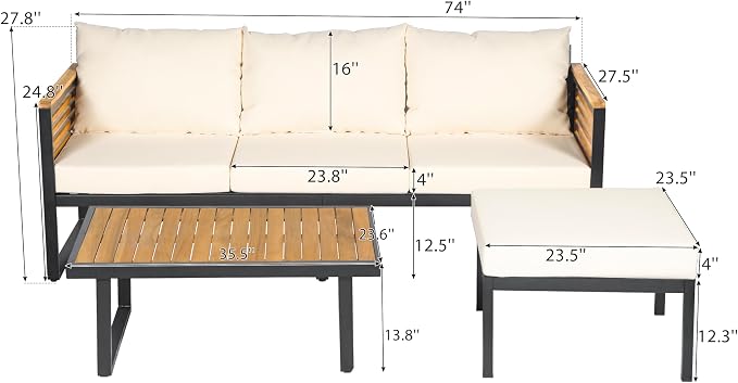 Virubi 4-Piece Acacia Wood and Metal Patio Sofa Set, Sturdy Iron & Acacia Frame, Water-Repellent Upholstery Cushions, Outdoor Conversation Sofa Set with 3-Seater, Club Chair, Ottoman & Table
