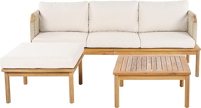 Christopher Knight Home Coby 3-Piece Acacia Wood Patio Furniture Set, Outdoor Conversation Sofa Set with Coffee Table and Ottoman, Patio Sectional Chat Set for Backyard or Balcony, Teak+Beige