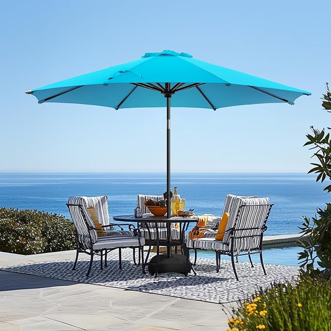 wikiwiki 9FT Patio Umbrella with Base, Outdoor Umbrellas with Base Included, 8 Sturdy Ribs, Waterproof Fade Resistant POLYESTER DTY Canopy for Deck, Lawn, Garden, Backyard & Pool, Sky Blue