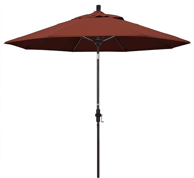 California Umbrella 9' Round Crank Lift, Collar Tilt, Aluminum Pole, Fiberglass Rib Patio Umbrella, Bronze Finish, Sunbrella Henna
