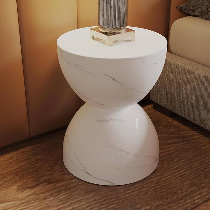 LeisureMod Minimalist Side Table, Fiber Stone Round Hourglass Accent End Table Stool for Outdoor Patio, Indoor Home, Living Room Sofa, Weather-Resistant, Sage Series in Marble White