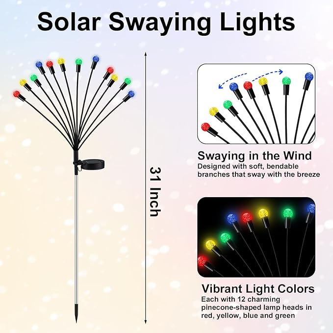 Rossesay Solar Lights Outdoor Decor for Garden Summer, 4 Pack 48 LED Multicolor Firefly Solar Light, Swaying Lights Outdoor Waterproof, Garden Decorative for Yard Patio Pathway Lawn Decor