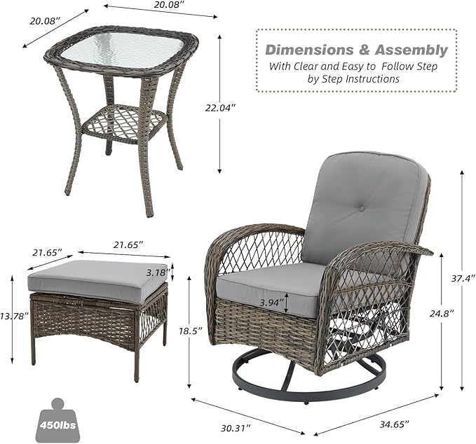 EROMMY 5 Pieces Outdoor Swivel Rocker Patio Chairs, 360 Degree Rocking Patio Conversation Set with Thickened Cushions, Glass Coffee Table and Ottomans for Backyard, Gray