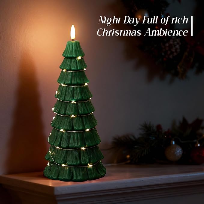 Christmas Tree Candles with Remote, Christmas Flameless Candles with Embedded Star String Fairy Lights, Battery Operated Candles, Flickering Xmas Flameless Candles for Table Decor