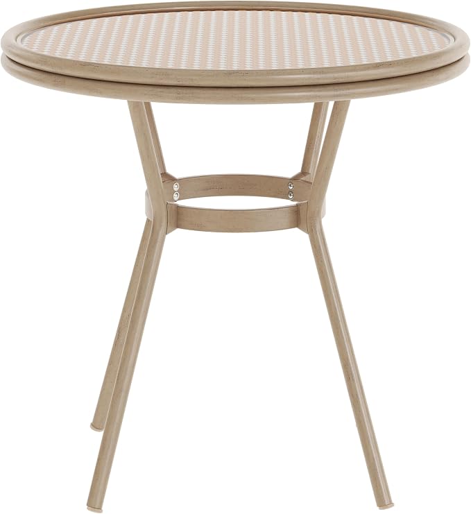 EMMA + OLIVER Colmar Indoor/Outdoor Bistro Table - Natural & White Woven PE Rattan Pattern - Tempered Glass Top - Light Bamboo Finish Metal Frame - 31.5 in.
