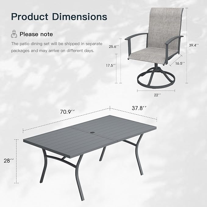 VICLLAX 9 Pieces Patio Outdoor Dining Set, 8 Swivel Textilene Chairs and 70" Rectangular Metal Table with Umbrella Hole for Porch, Deck, Garden, Dark Grey/Grey