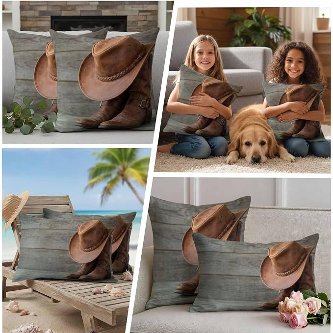 Outdoor Throw Pillow Covers,Western Cowboy Boots Hat Waterproof Decorative Pillowcases Cushion Cover Farm Wooden Plank Pillow Cases for Patio Couch Sofa Bed,16x16in Set of 2
