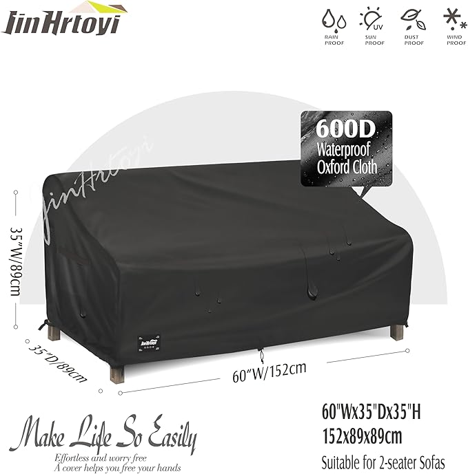 JinHrtoyi 2-Seater Patio Loveseat Cover, 60Wx38Dx35H inches Outdoor Furniture Covers Waterproof,100% Waterproof Heavy Duty Patio Furniture Covers,Black Minimalism Style Outdoor Sofa Cover