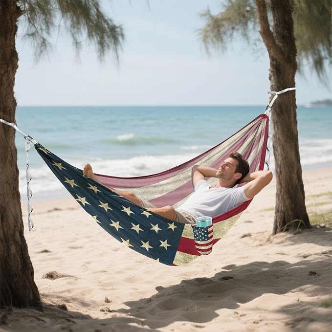 American Flag Camping Hammock, Portable Lightweight Single Hammock with Tree Straps and Aluminum Carabiners, 114" x 54" Travel Hammock for Hiking Backpacking Beach