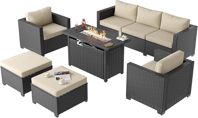 Aoxun Patio Furniture Set with Fire Pit Table, 6 Piece Outdoor Furniture Set with Wicker Ottomans, Rattan Outdoor Sectional Sofa with Thickened Cushion & Waterproof Cover Beige